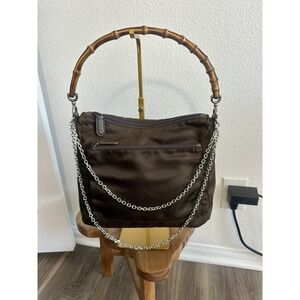 Gucci Bamboo Nylon Shoulder Bag Vintage Bamboo Handle Purse Zip Top Silver Chain